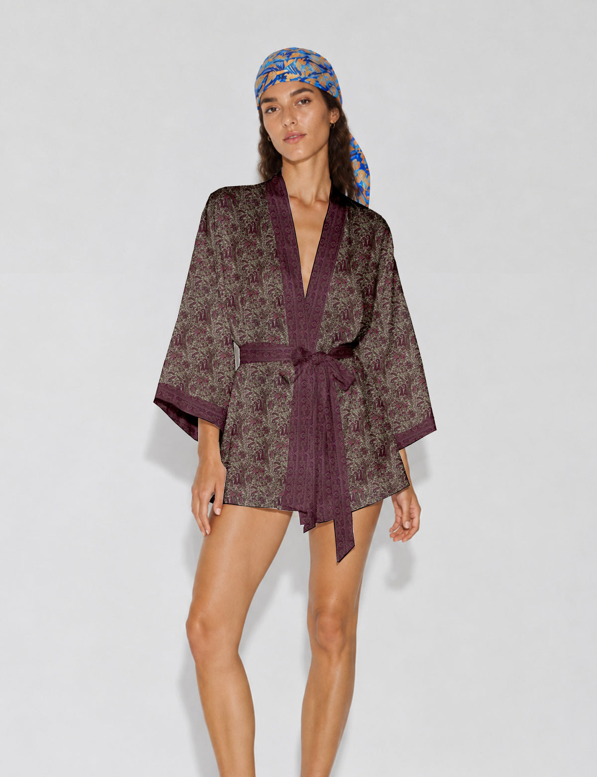 Short kimono robe - Pink Paisley