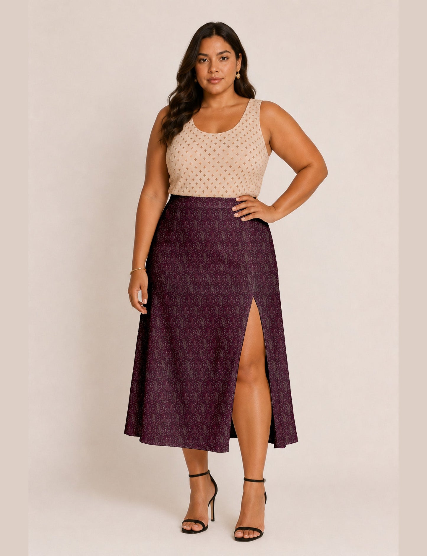 A line skirt with slit - Pink Paisley