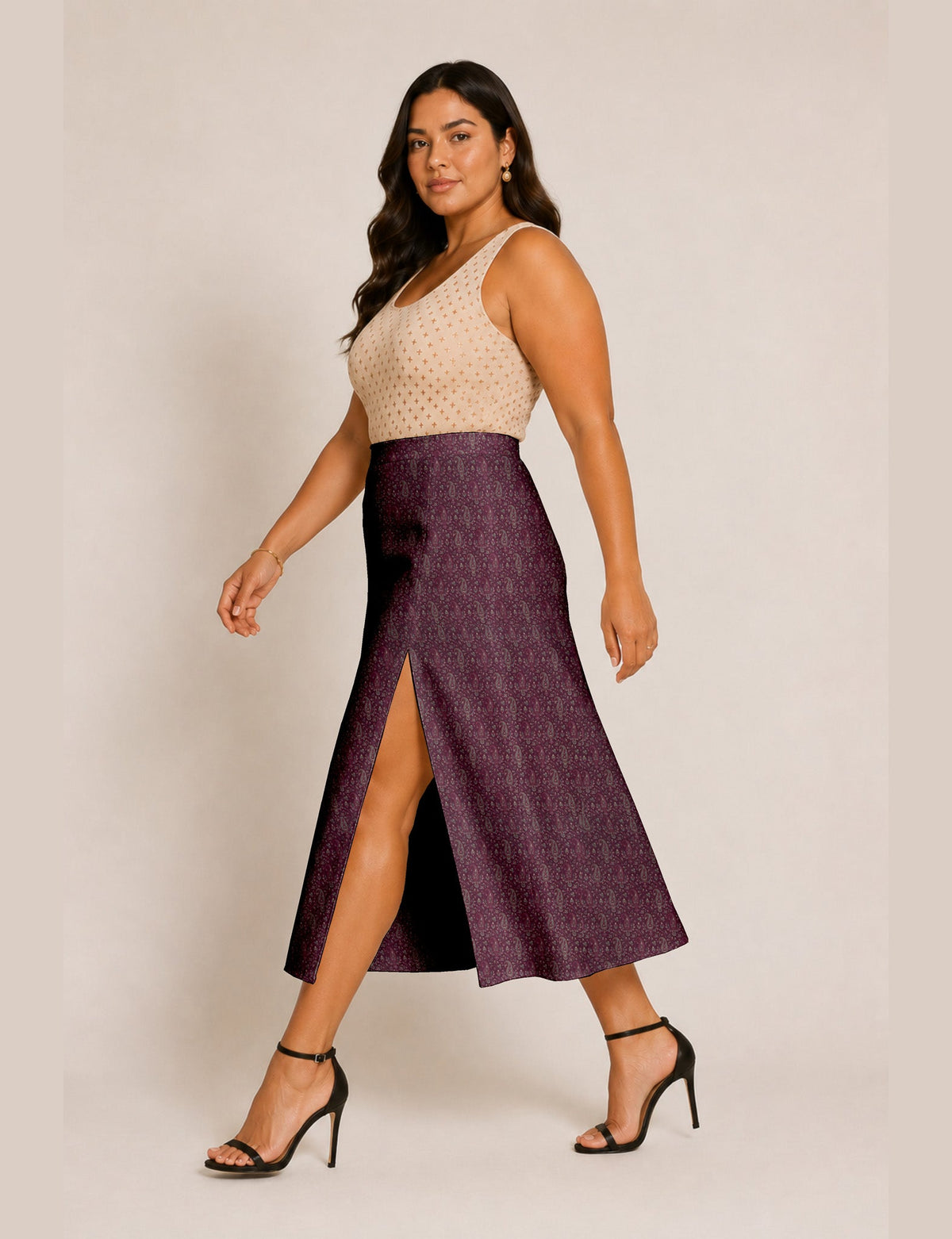 A line skirt with slit - Pink Paisley