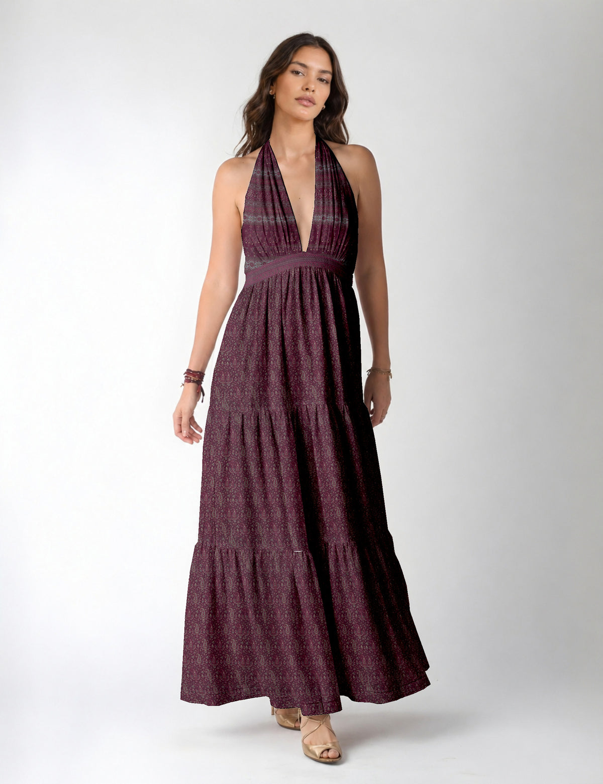 Maxi tiered dress by I was a Sari with halter neckline and flowy silhouette