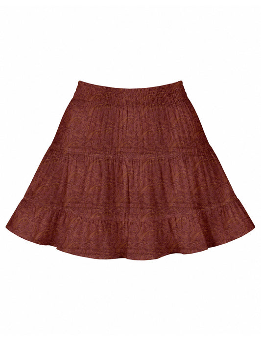 Short tiered skirt with a fitted waistband, knife pleats, softly flared silhouette, side seam pockets, and above-the-knee length.