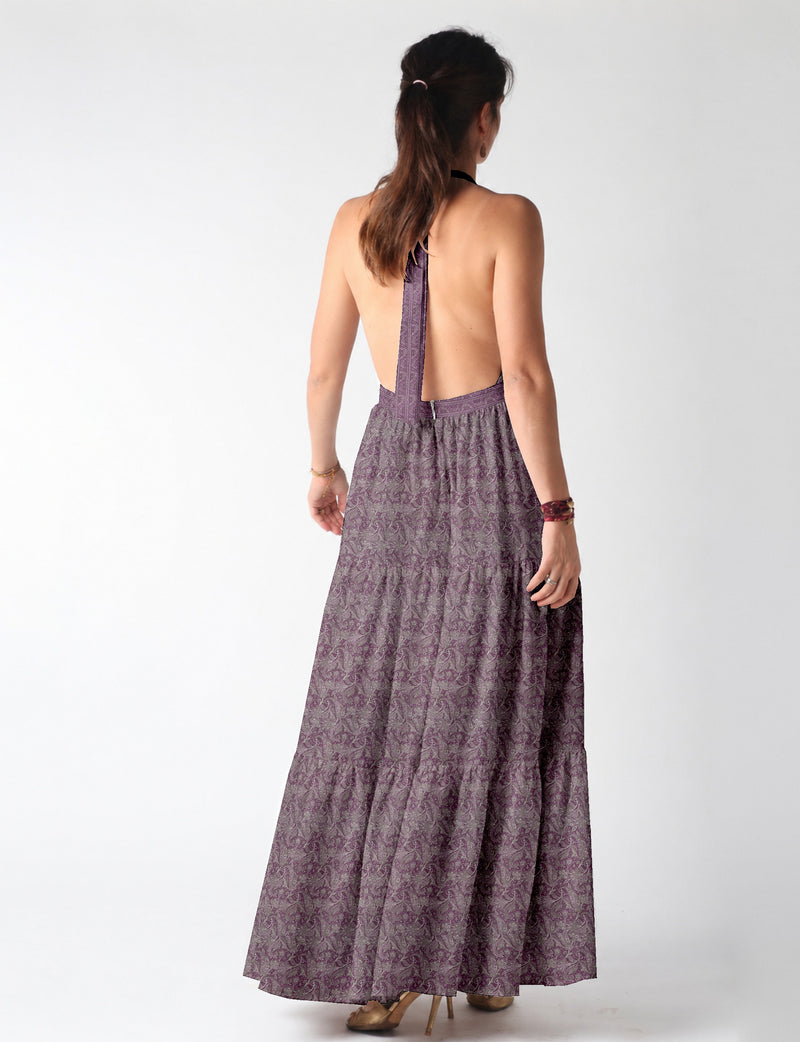 Maxi tiered dress by I was a Sari with halter neckline and flowy silhouette