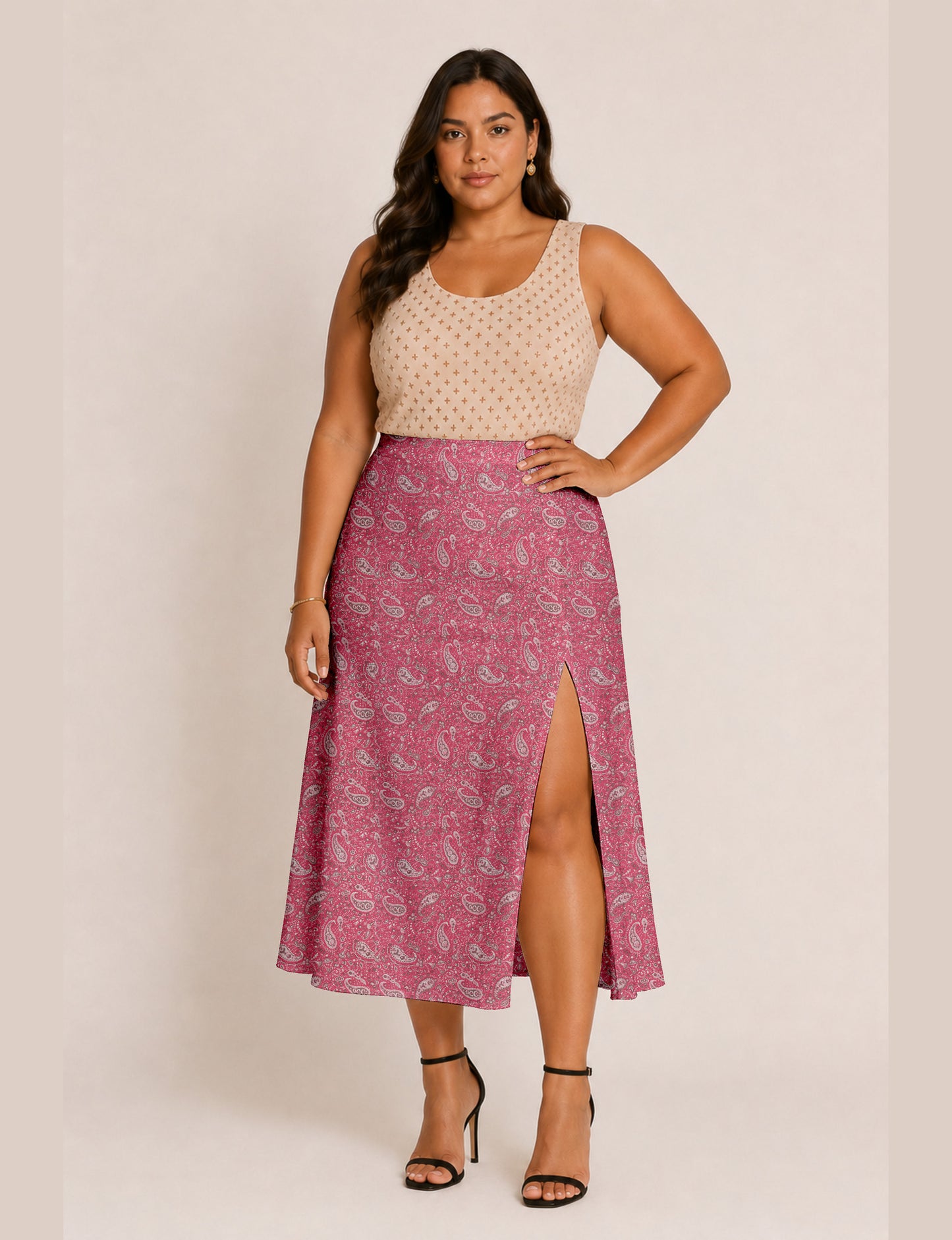 A line skirt with slit - Pink Paisley