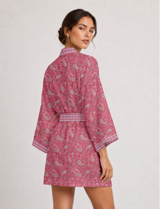 Short kimono robe - Pink Paisley