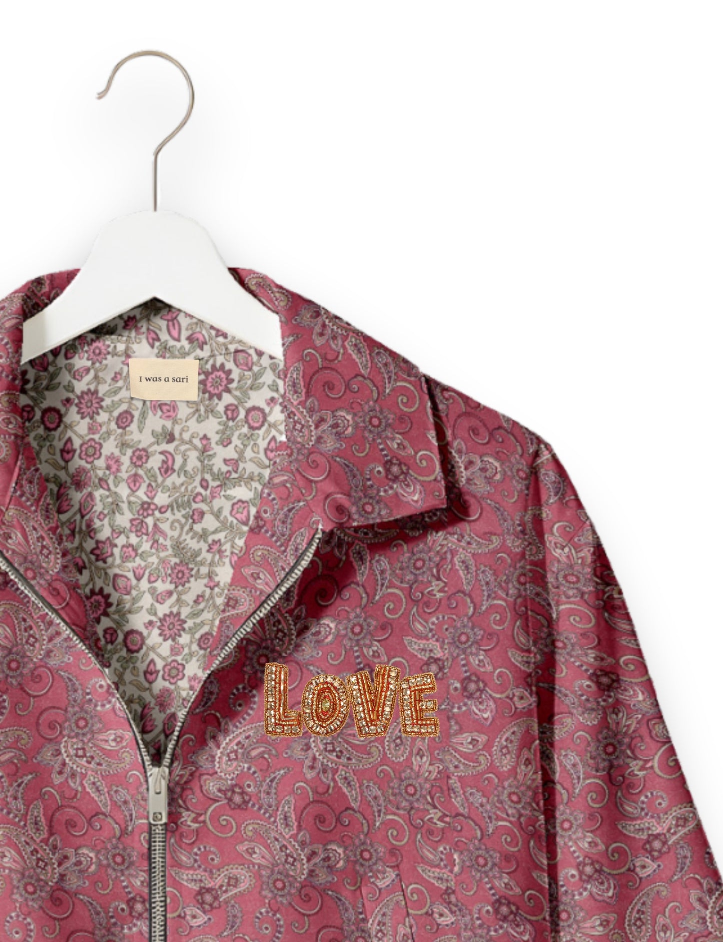 Love Bomber Jacket made from recycled fabric, featuring hand-stitched Aari embroidery. A unique piece of zero-waste clothing, part of the circular fashion movement. Designed with upcycled materials for a stylish yet environmentally friendly clothing choice.