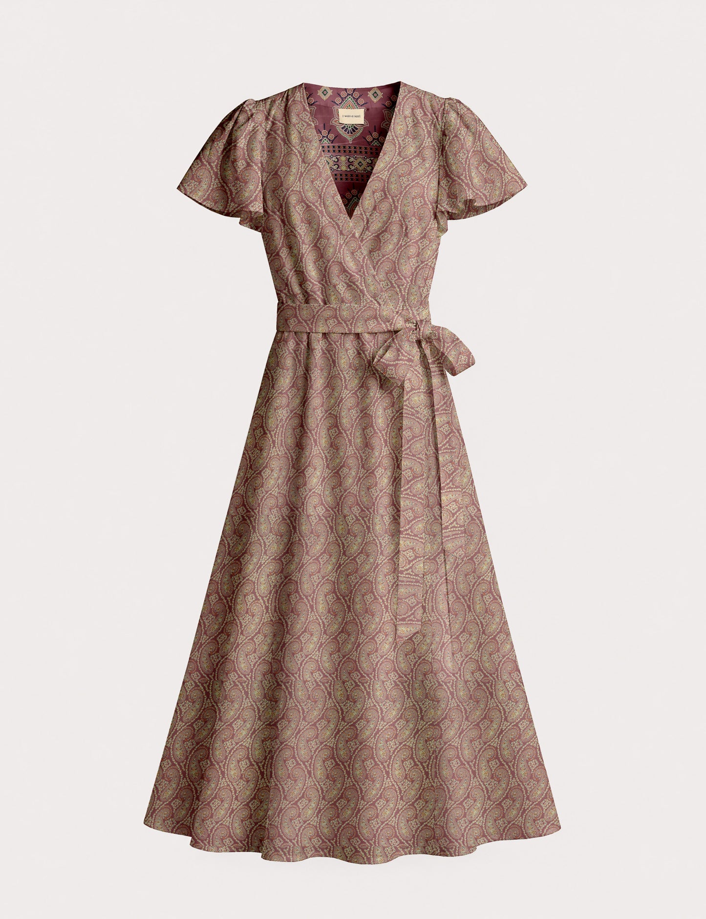 Elegant midi wrap dress with a V-neckline, adjustable waist tie, fitted bodice, and flared skirt for a timeless, flattering silhouette.