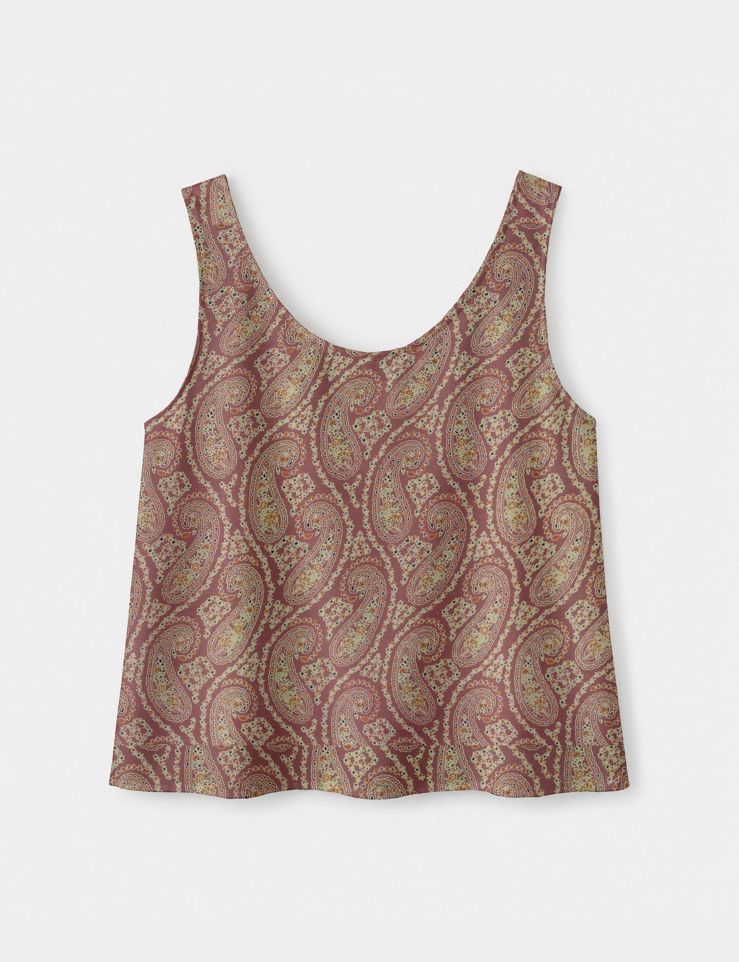 Women's sleeveless blouse with a relaxed straight fit, wide scoop neckline, deep scoop back, and hip-length silhouette.