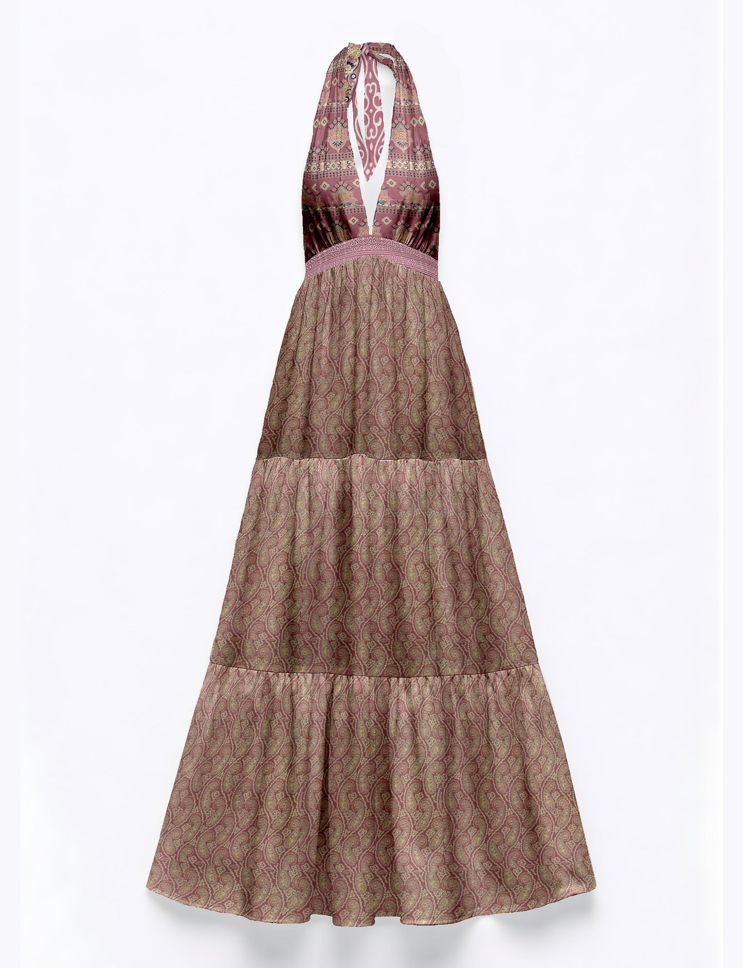 Maxi tiered dress by I was a Sari with halter neckline and flowy silhouette