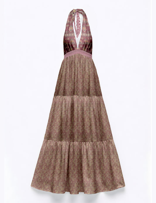 Maxi tiered dress by I was a Sari with halter neckline and flowy silhouette