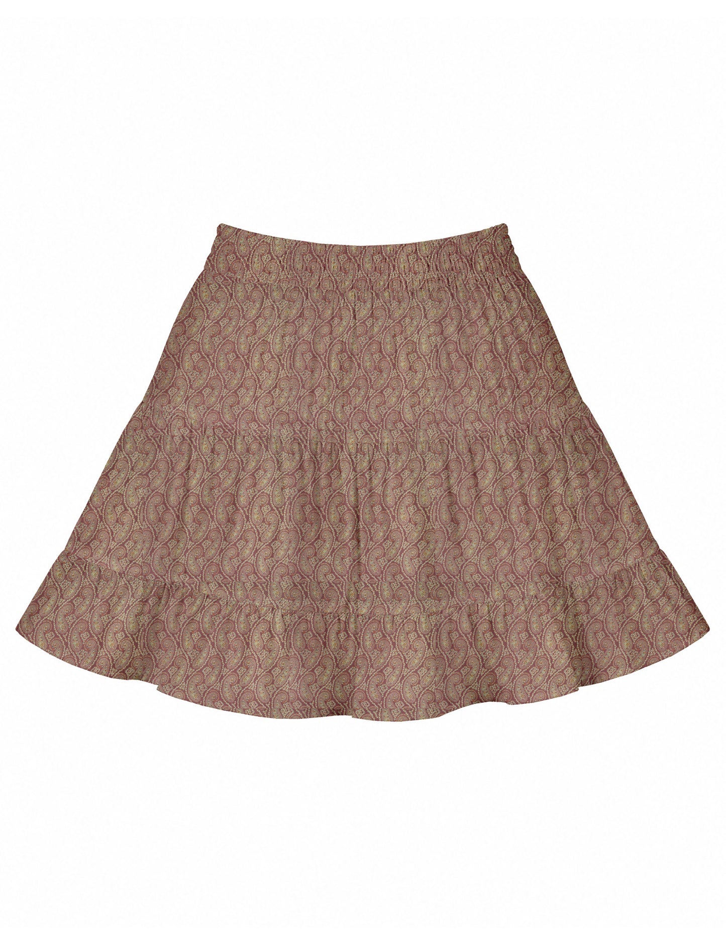 Short tiered skirt with a fitted waistband, knife pleats, softly flared silhouette, side seam pockets, and above-the-knee length.