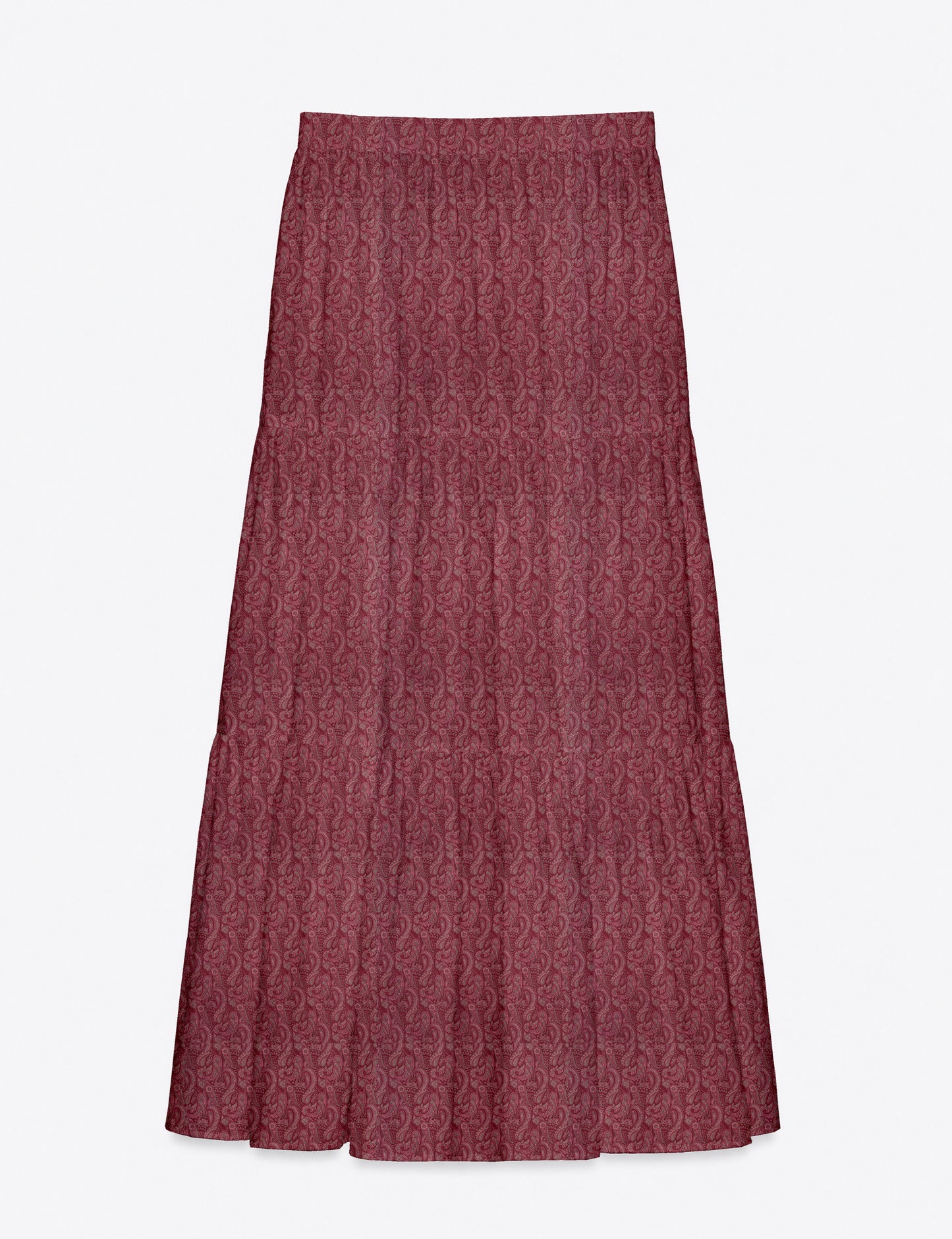 Yellow midi tiered skirt with small dark geometric micro pattern, flat lay front view