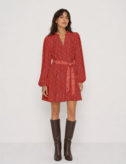 Swing dress with belt - Pink Paisley