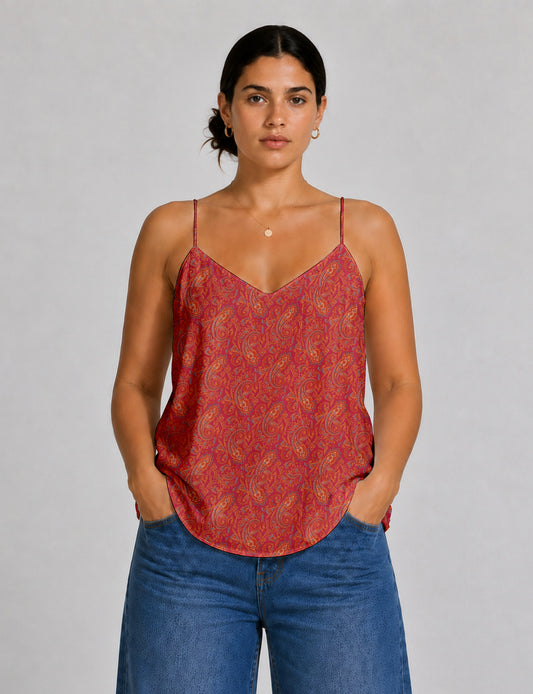 Women's sleeveless slip top with a relaxed straight fit, soft V-neckline, deep V-back, and delicate spaghetti straps.