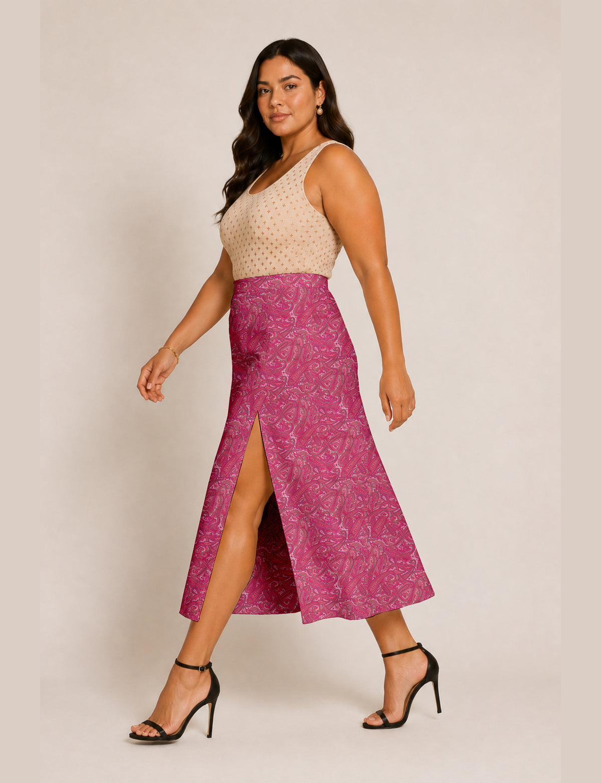 A line skirt with slit - Pink Paisley