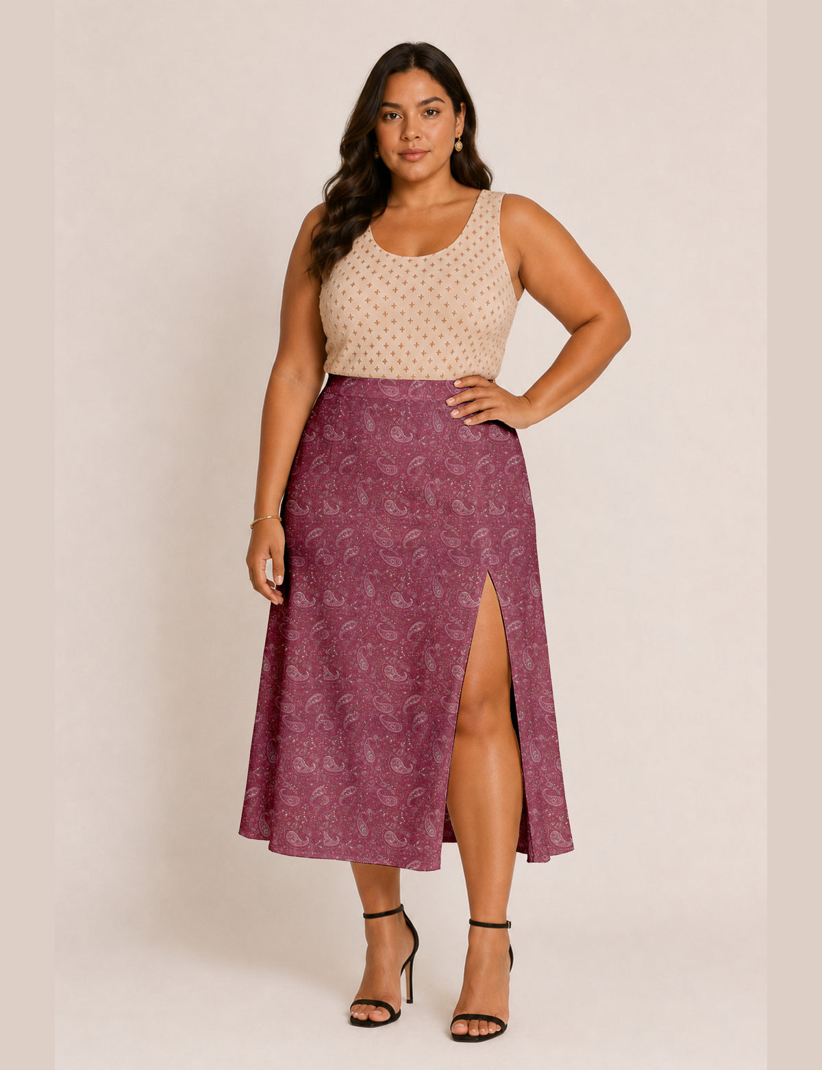 A line skirt with slit - Pink Paisley