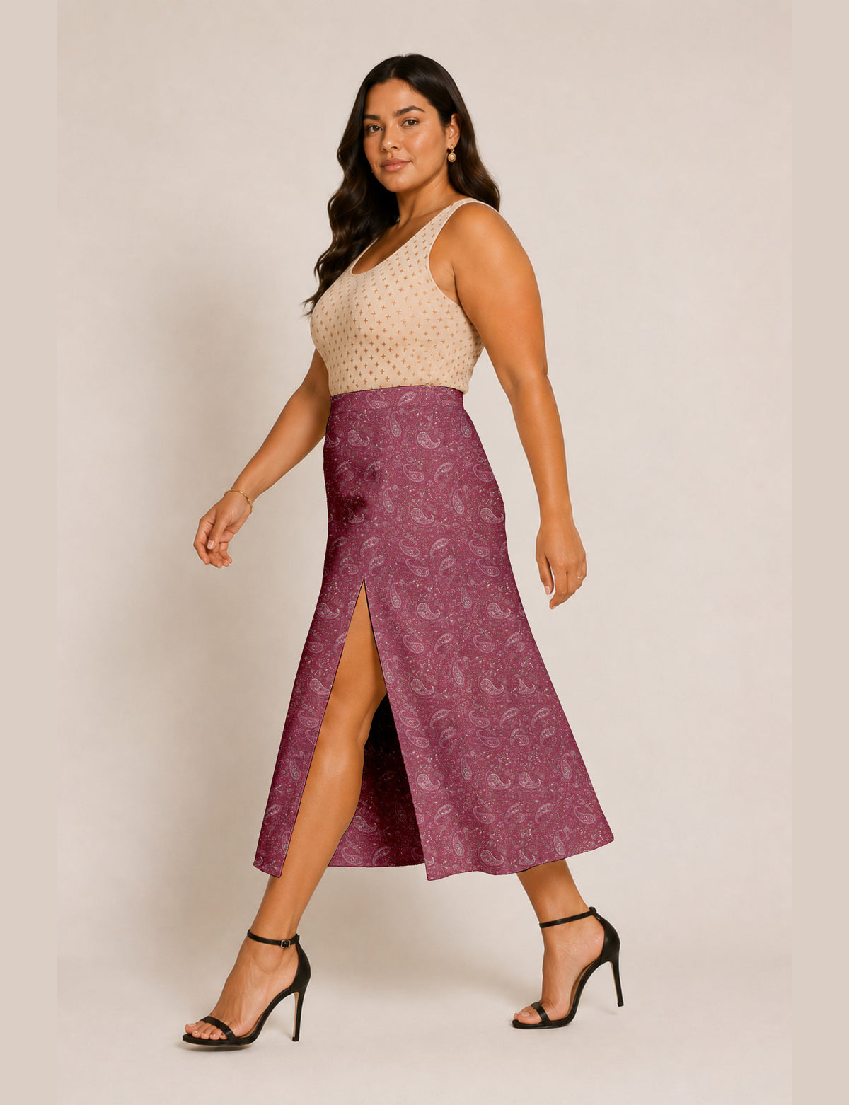 A line skirt with slit - Pink Paisley