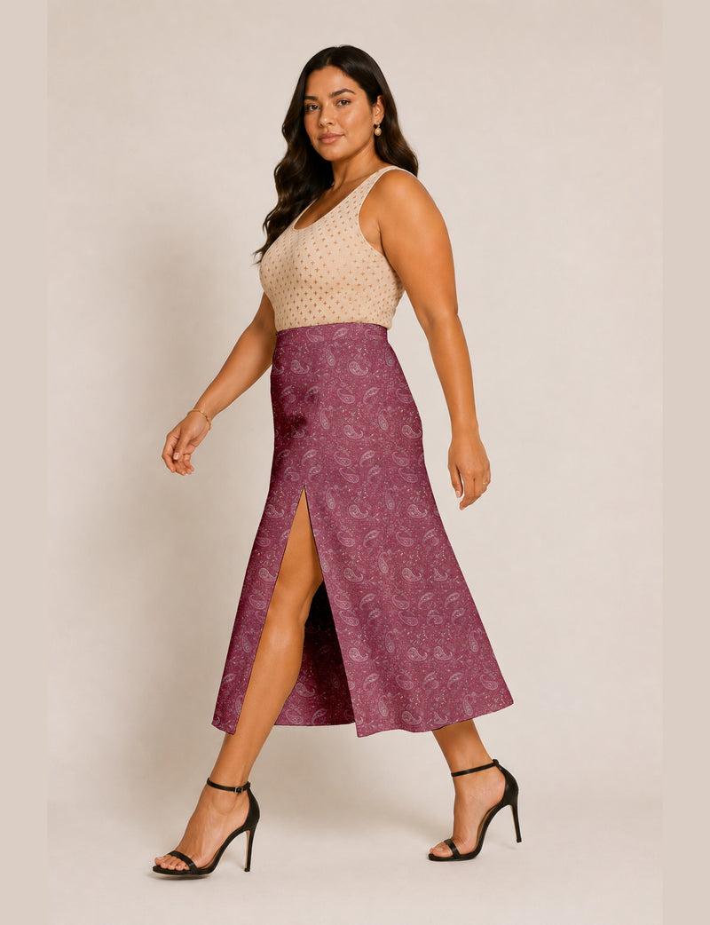 A line skirt with slit - Pink Paisley