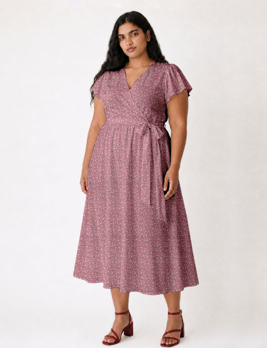 Elegant midi wrap dress with a V-neckline, adjustable waist tie, fitted bodice, and flared skirt for a timeless, flattering silhouette.