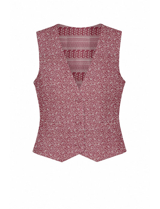 Women's fitted waistcoat with V-neck, single-breasted button closure, tailored silhouette, and pointed hem in sustainable fashion.