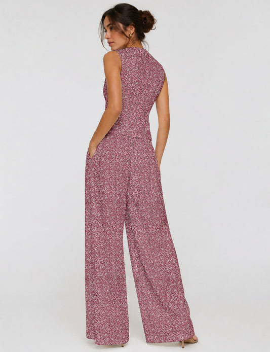 Women's tailored waistcoat set with a sleeveless V-neck button-front waistcoat and high-rise wide leg trousers in a coordinated matching outfit.