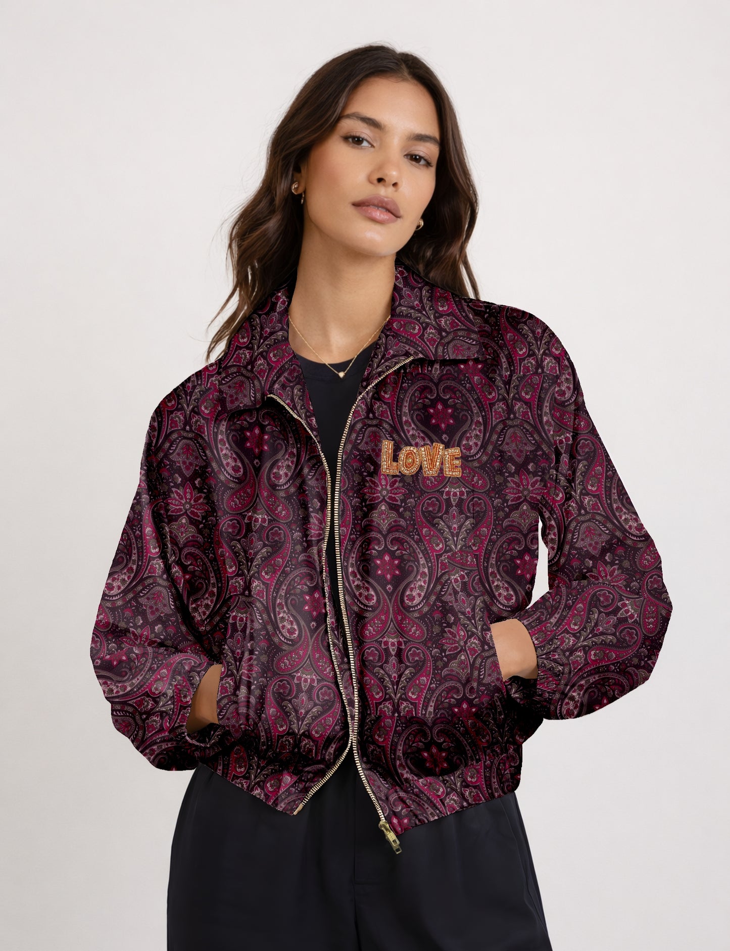 Love Bomber Jacket made from recycled fabric, featuring hand-stitched Aari embroidery. A unique piece of zero-waste clothing, part of the circular fashion movement. Designed with upcycled materials for a stylish yet environmentally friendly clothing choice.
