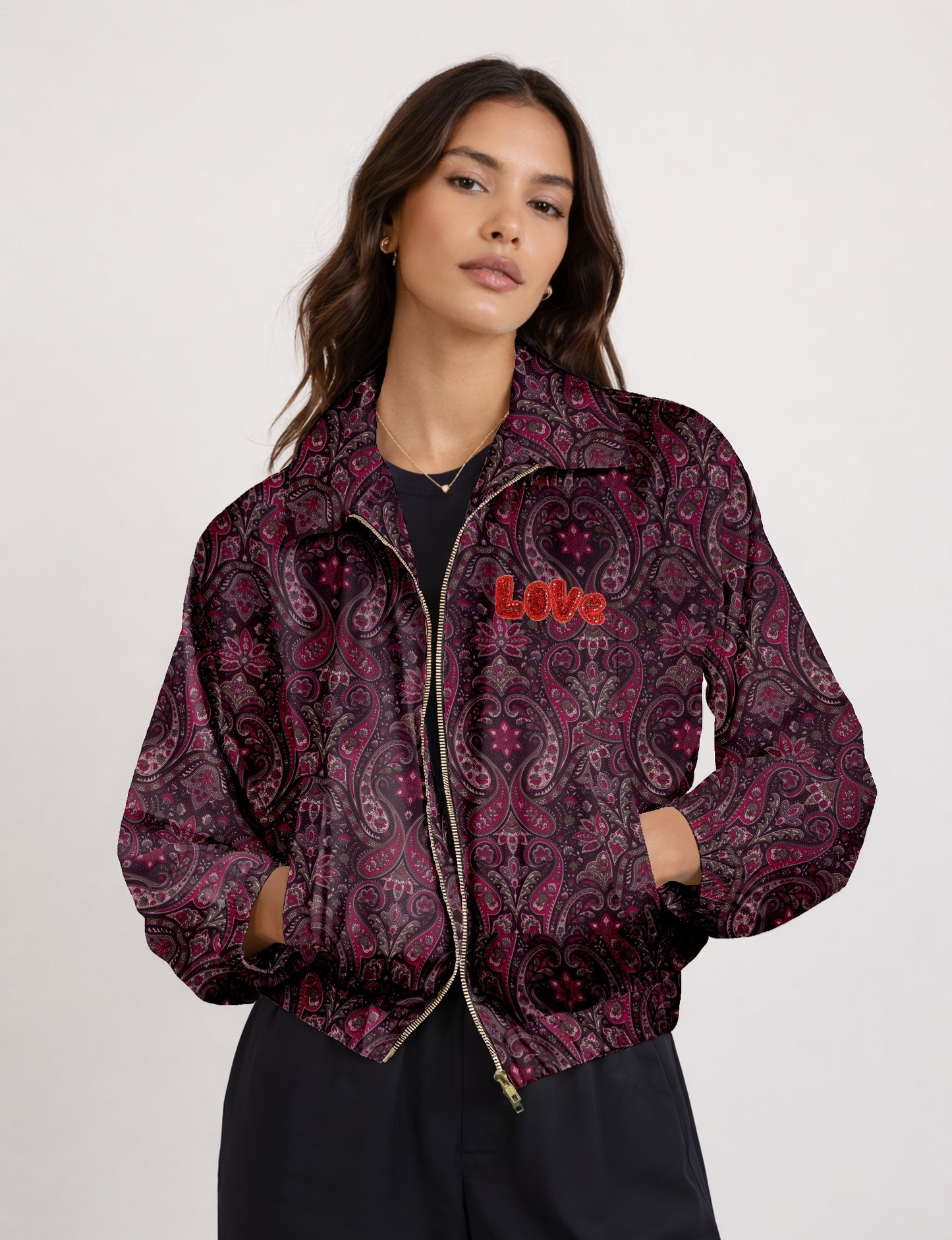 Love Bomber Jacket made from recycled fabric, featuring hand-stitched Aari embroidery. A unique piece of zero-waste clothing, part of the circular fashion movement. Designed with upcycled materials for a stylish yet environmentally friendly clothing choice.