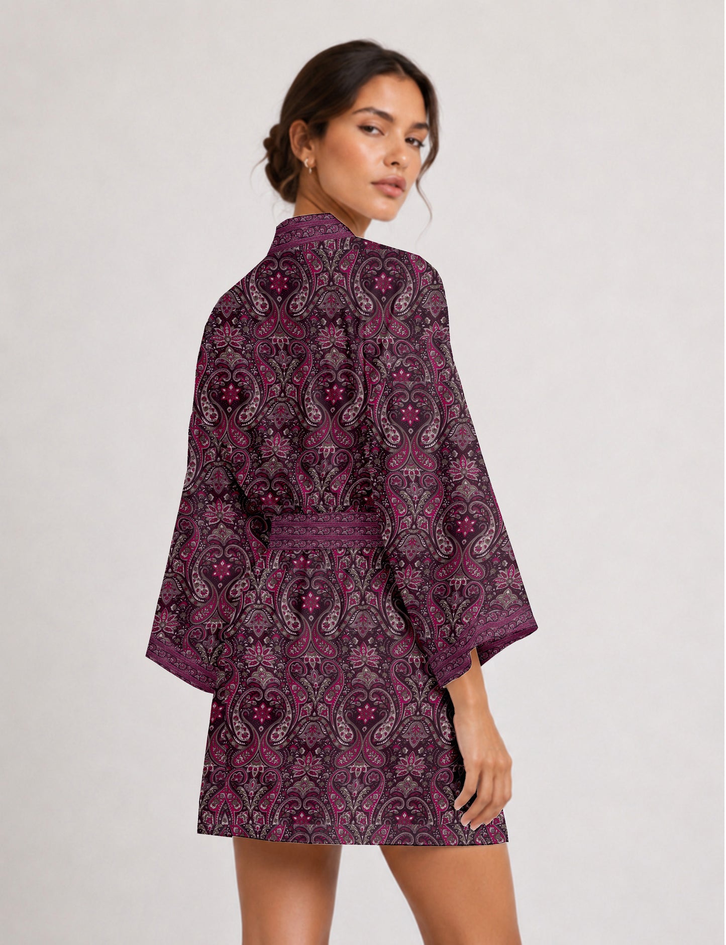 Short kimono robe - Pink Paisley