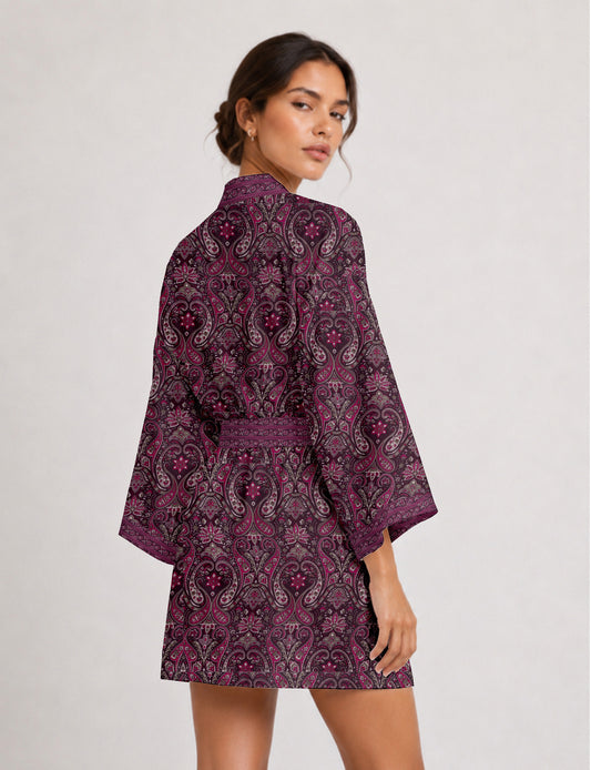 Short kimono robe - Pink Paisley