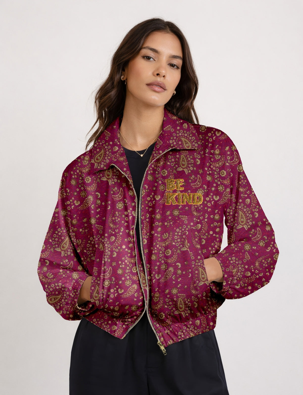 BE KIND Bomber jacket made from upcycled sari fabric with handcrafted Aari embroidery by female artisans.
