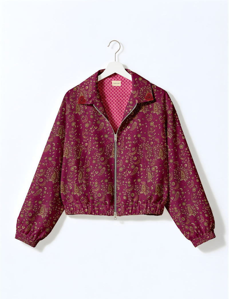Love Bomber Jacket made from recycled fabric, featuring hand-stitched Aari embroidery. A unique piece of zero-waste clothing, part of the circular fashion movement. Designed with upcycled materials for a stylish yet environmentally friendly clothing choice.