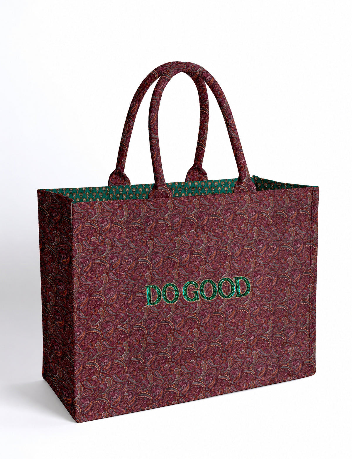 Structured DO GOOD work tote bag featuring embroidered appliqué lettering on the front, double padded shoulder handles and an internal zippered pocket.