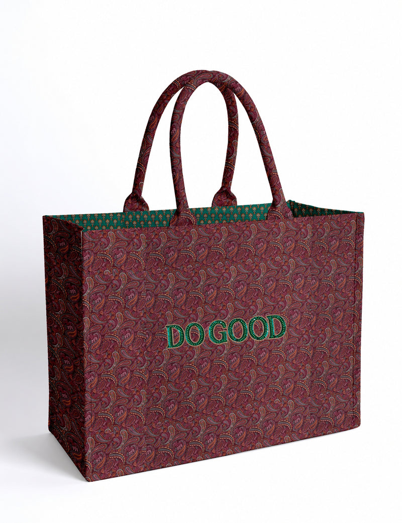 Structured DO GOOD work tote bag featuring embroidered appliqué lettering on the front, double padded shoulder handles and an internal zippered pocket.