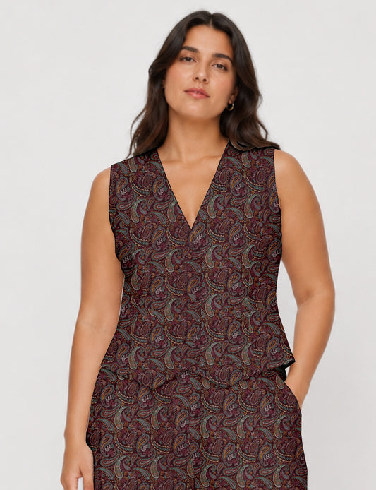 Women's fitted waistcoat with V-neck, single-breasted button closure, tailored silhouette, and pointed hem in sustainable fashion.