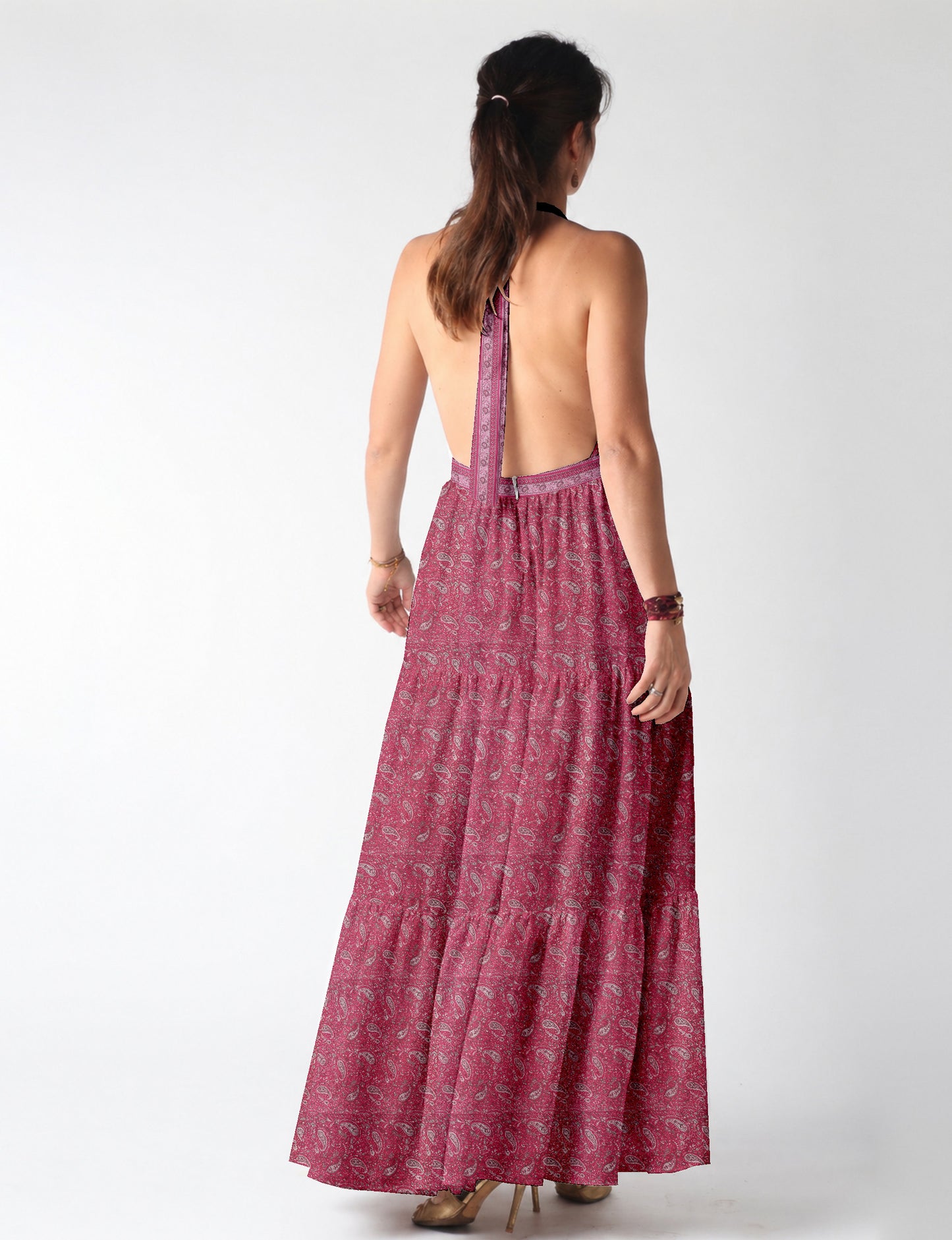 Maxi tiered dress by I was a Sari with halter neckline and flowy silhouette
