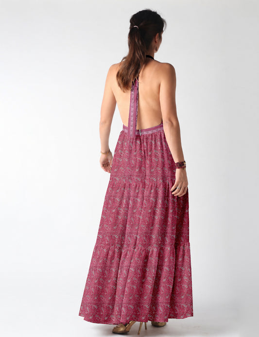 Maxi tiered dress by I was a Sari with halter neckline and flowy silhouette