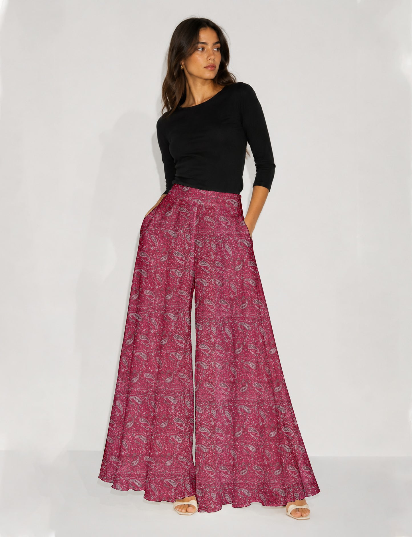 Wide Leg Palazzo Trousers - Pink Paisley