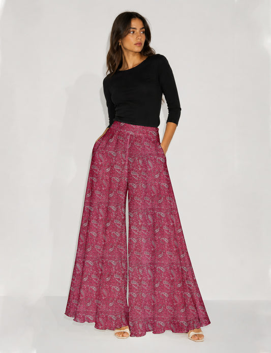 Wide Leg Palazzo Trousers - Pink Paisley