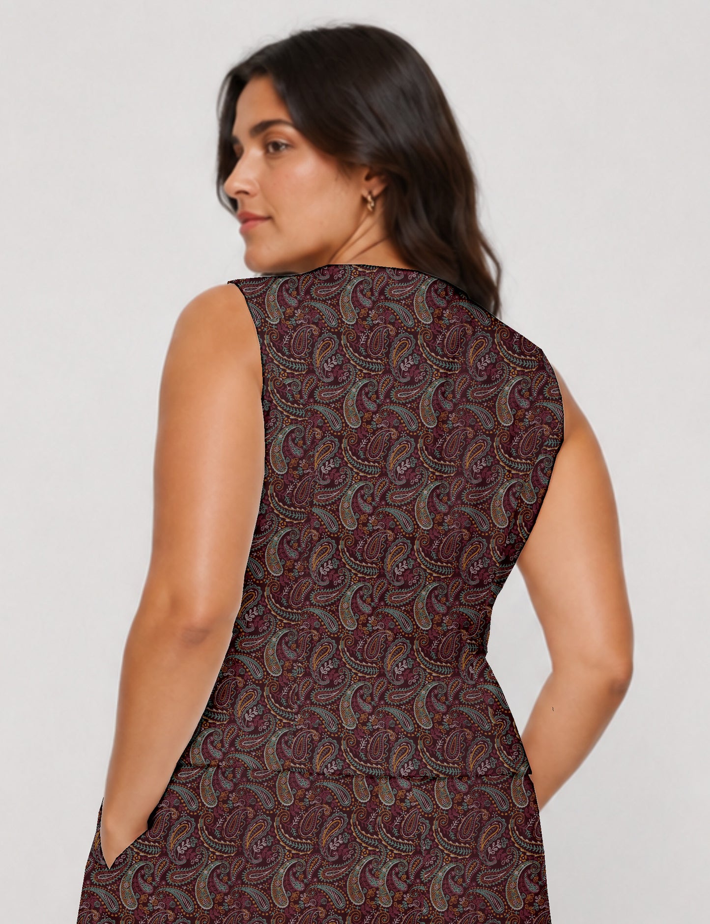 Women's fitted waistcoat with V-neck, single-breasted button closure, tailored silhouette, and pointed hem in sustainable fashion.