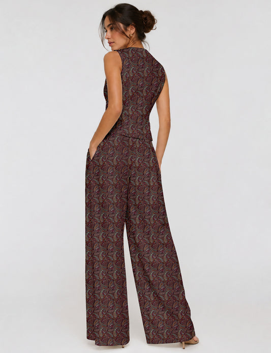 Women's tailored waistcoat set with a sleeveless V-neck button-front waistcoat and high-rise wide leg trousers in a coordinated matching outfit.