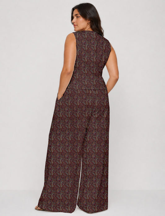 Women's tailored waistcoat set with a sleeveless V-neck button-front waistcoat and high-rise wide leg trousers in a coordinated matching outfit.