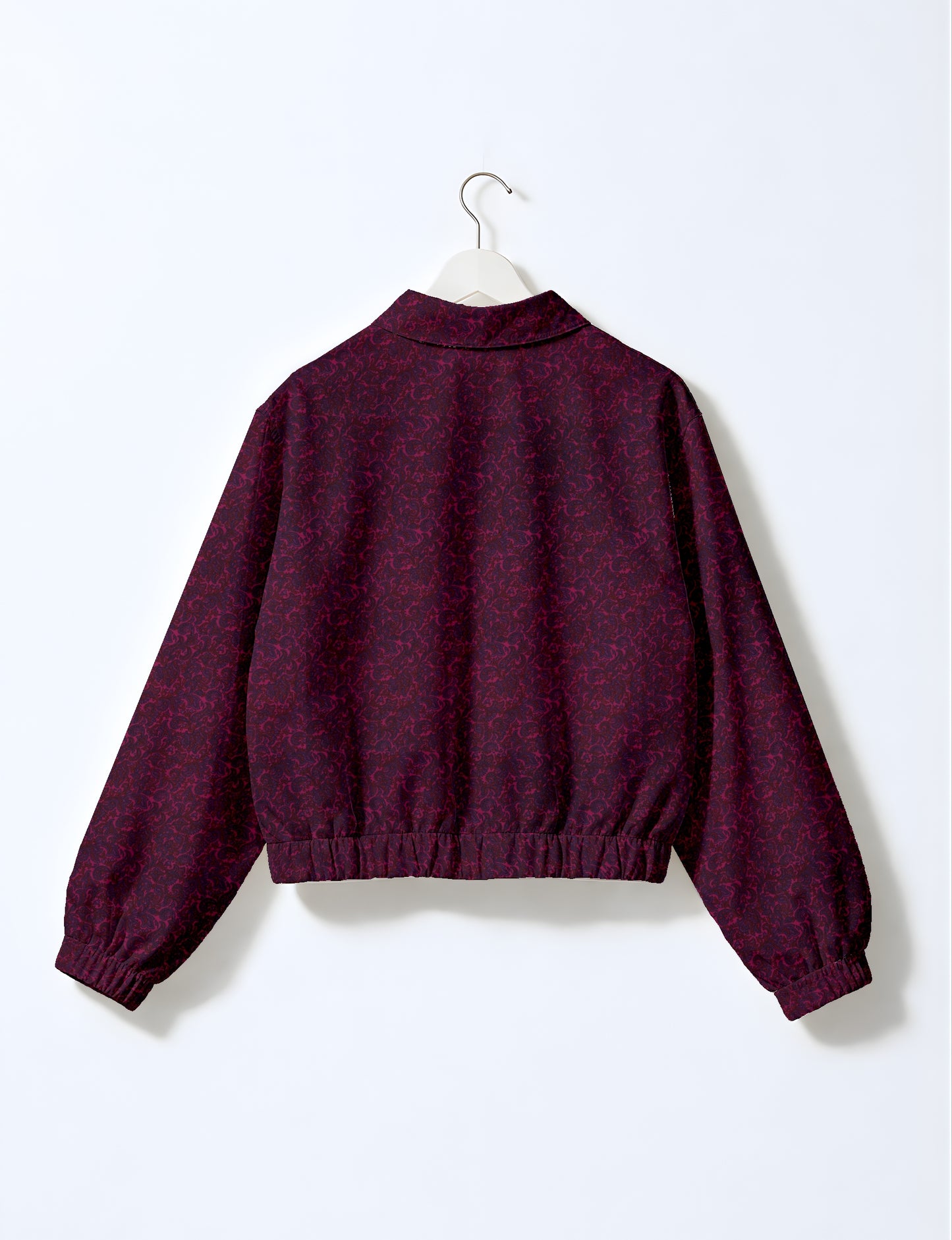 Love Bomber Jacket made from recycled fabric, featuring hand-stitched Aari embroidery. A unique piece of zero-waste clothing, part of the circular fashion movement. Designed with upcycled materials for a stylish yet environmentally friendly clothing choice.