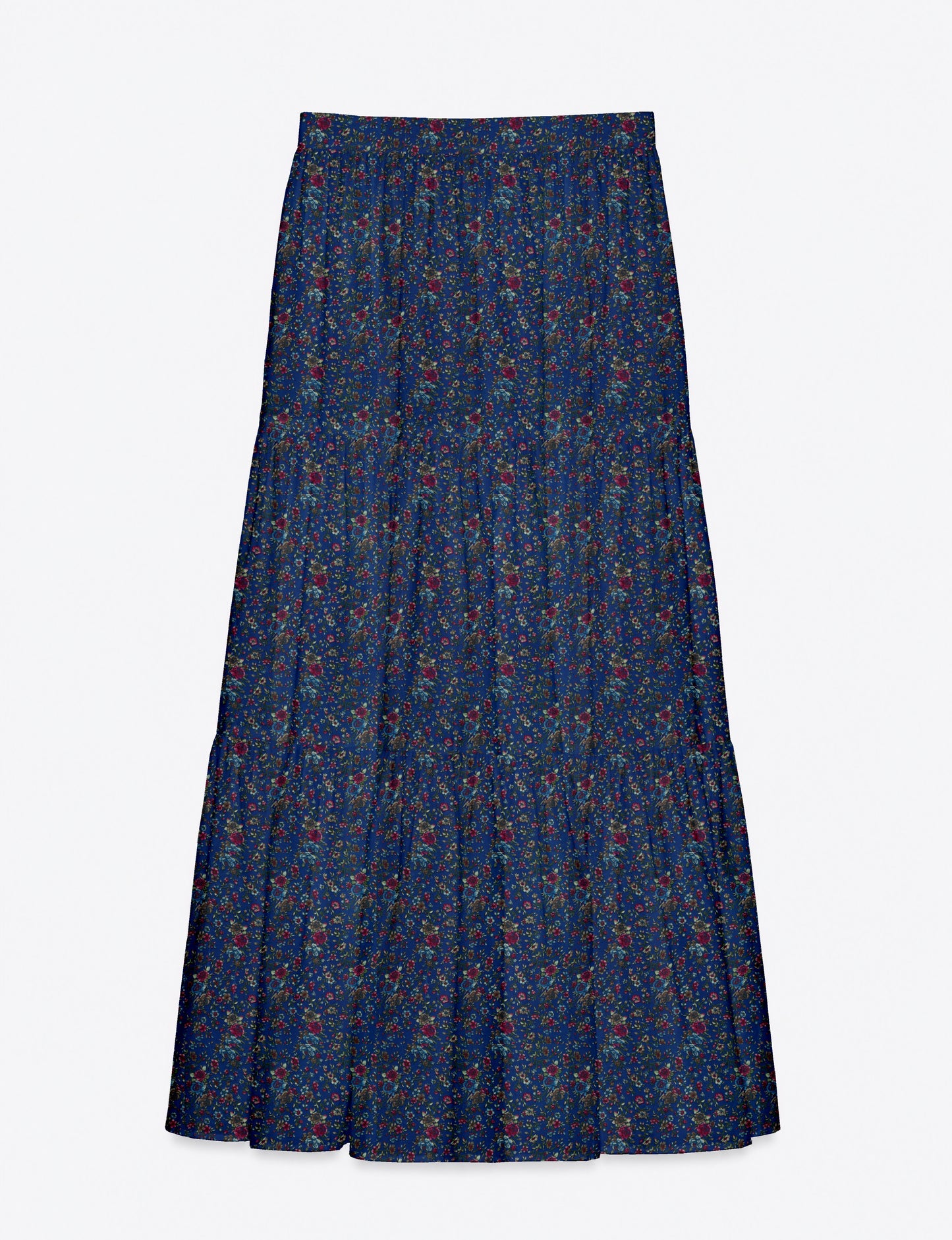 Midi tiered skirt with fitted waistband, soft knife pleats, flared silhouette, side seam pockets, and ankle-length hem