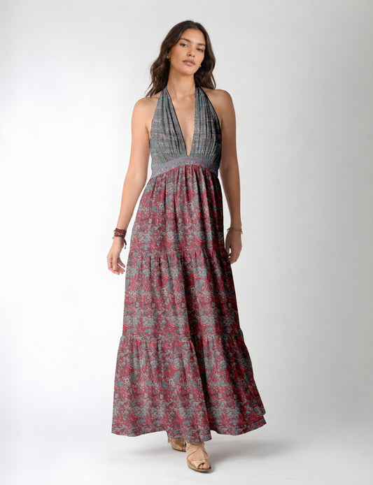 Maxi tiered dress by I was a Sari with halter neckline and flowy silhouette
