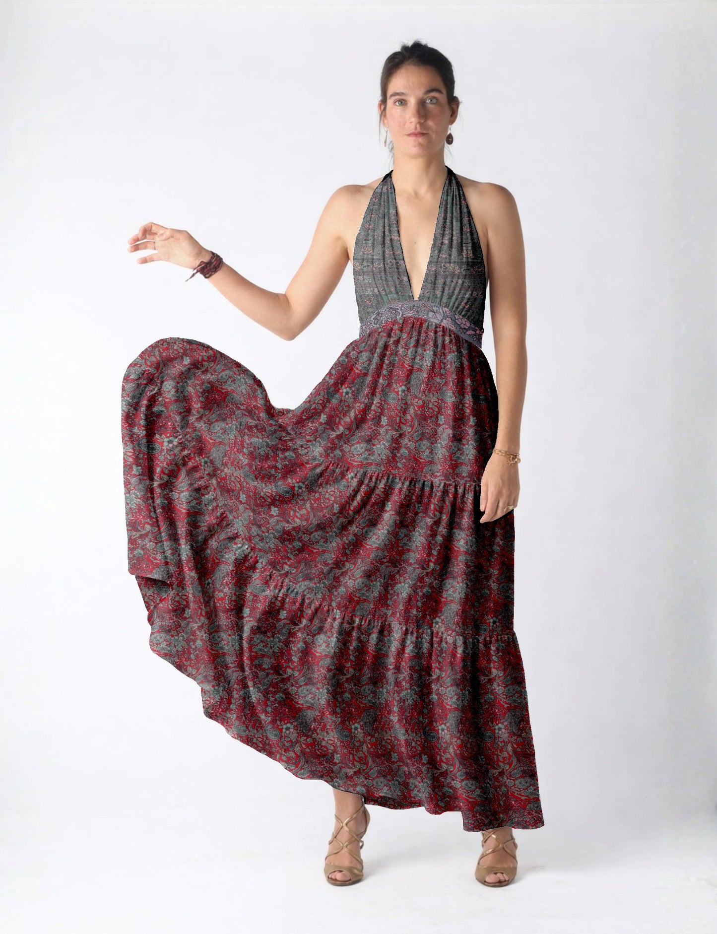 Elegant tiered maxi dress with adjustable tie neck design