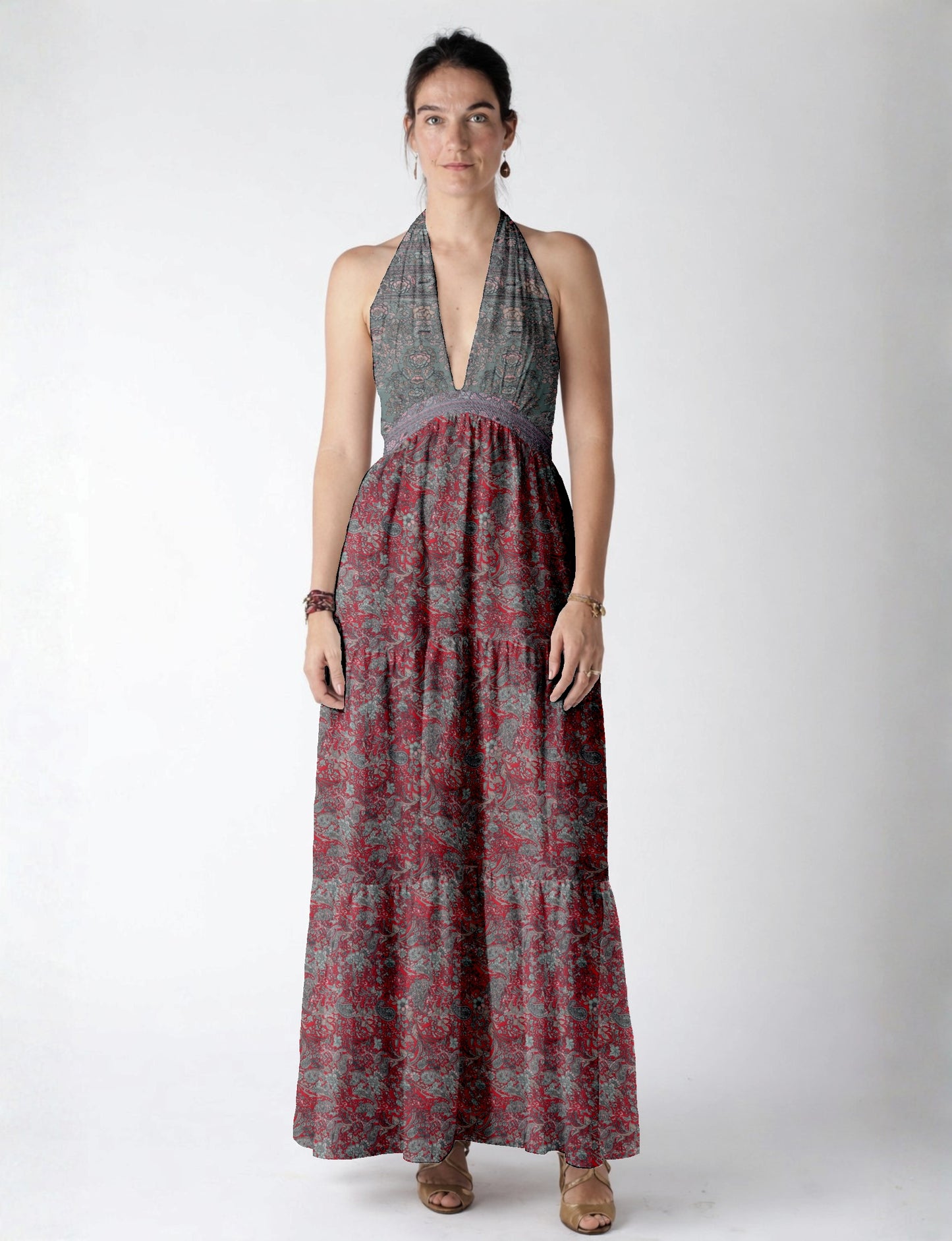 Maxi dress side view highlighting volume and movement