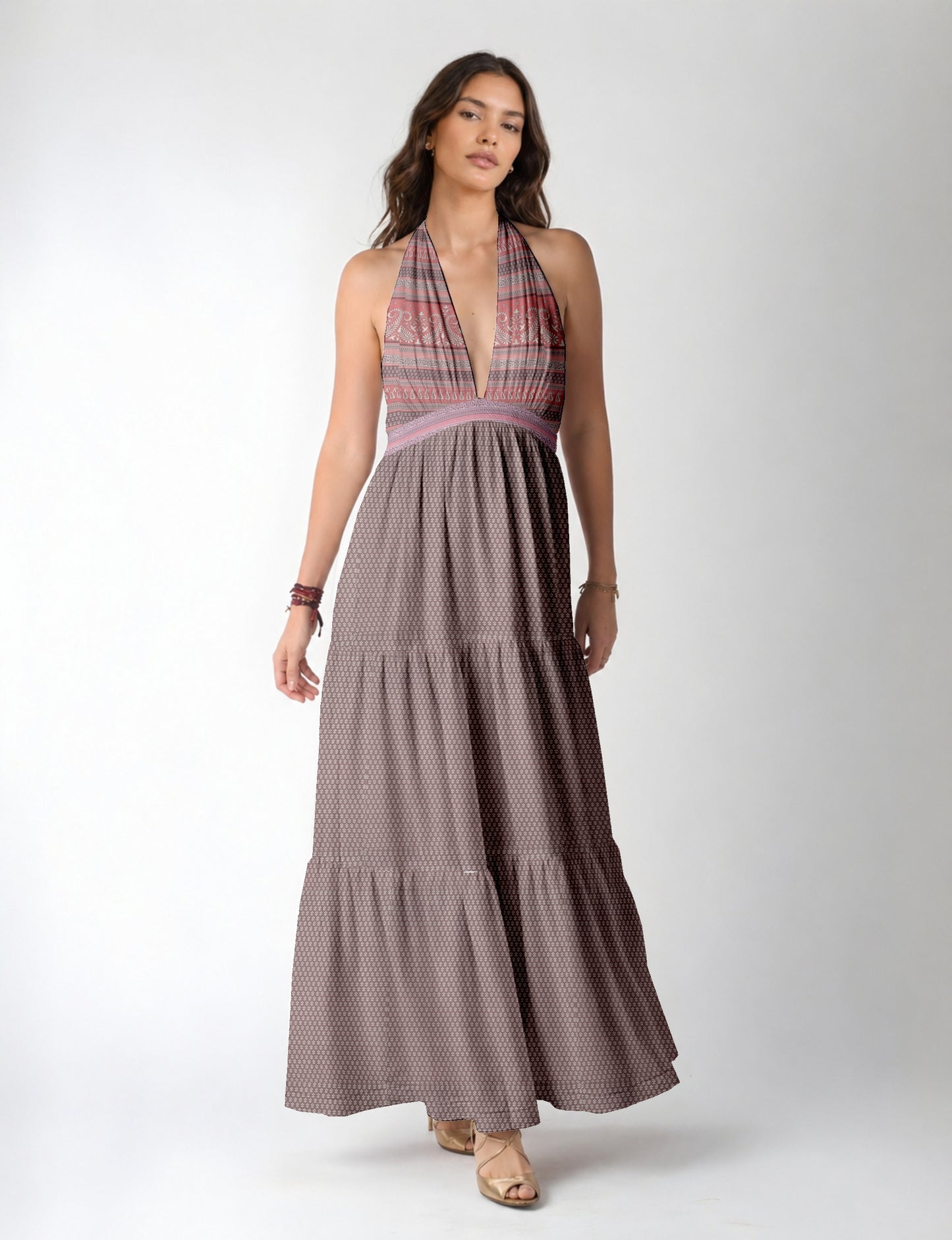 Maxi tiered dress by I was a Sari with halter neckline and flowy silhouette