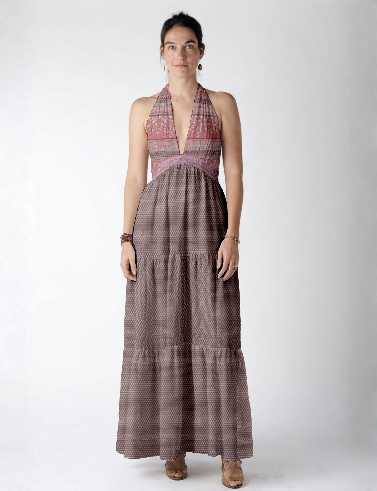 Elegant tiered maxi dress with adjustable tie neck design