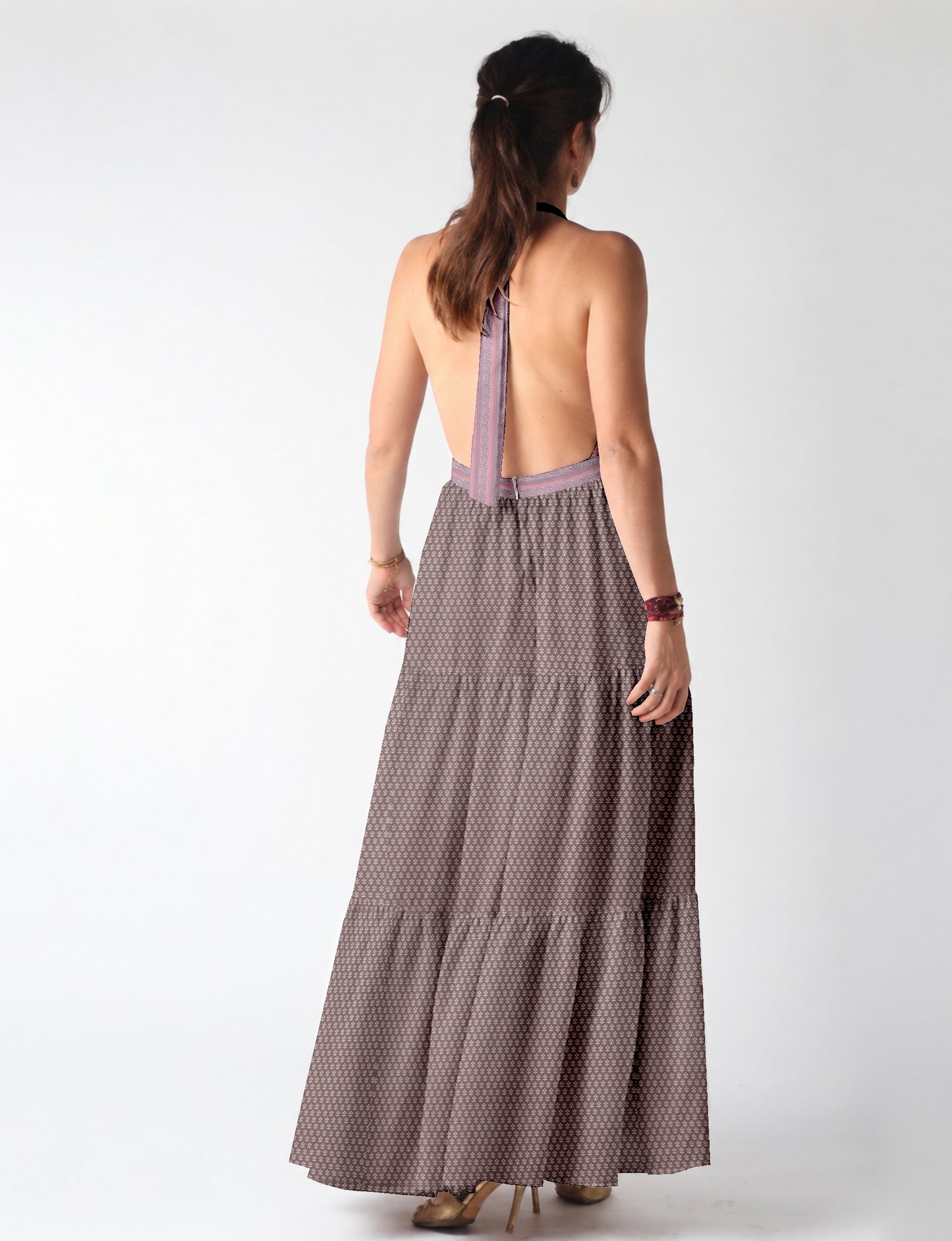 Maxi dress side view highlighting volume and movement