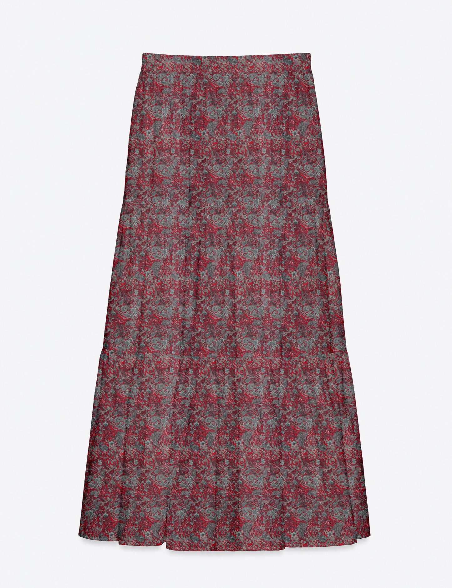Midi tiered skirt with fitted waistband, soft knife pleats, flared silhouette, side seam pockets, and ankle-length hem