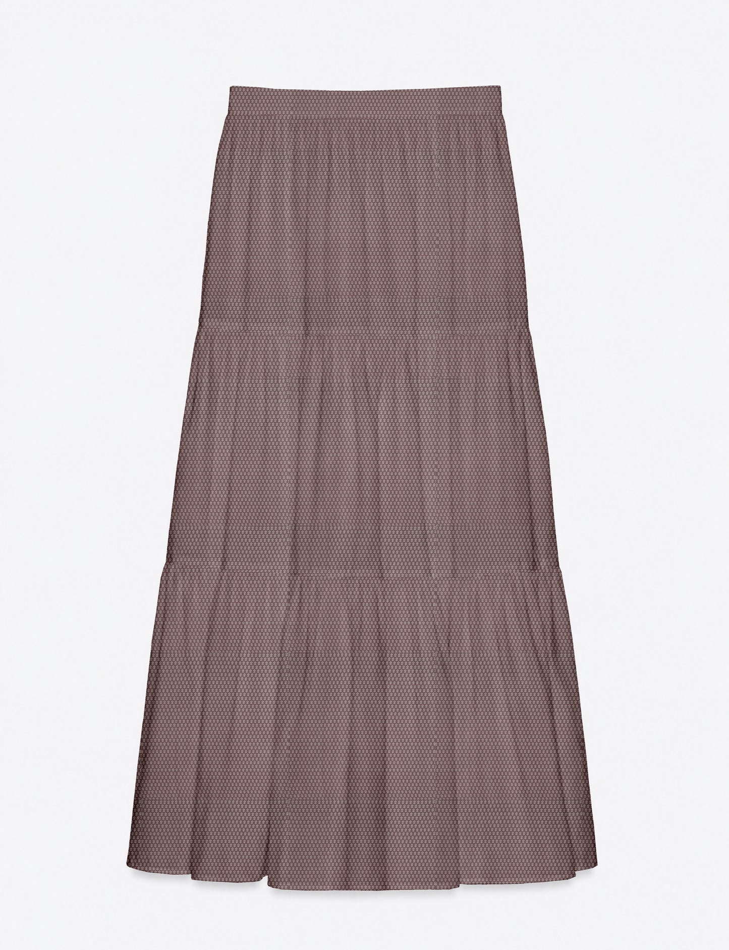Midi tiered skirt with fitted waistband, soft knife pleats, flared silhouette, side seam pockets, and ankle-length hem
